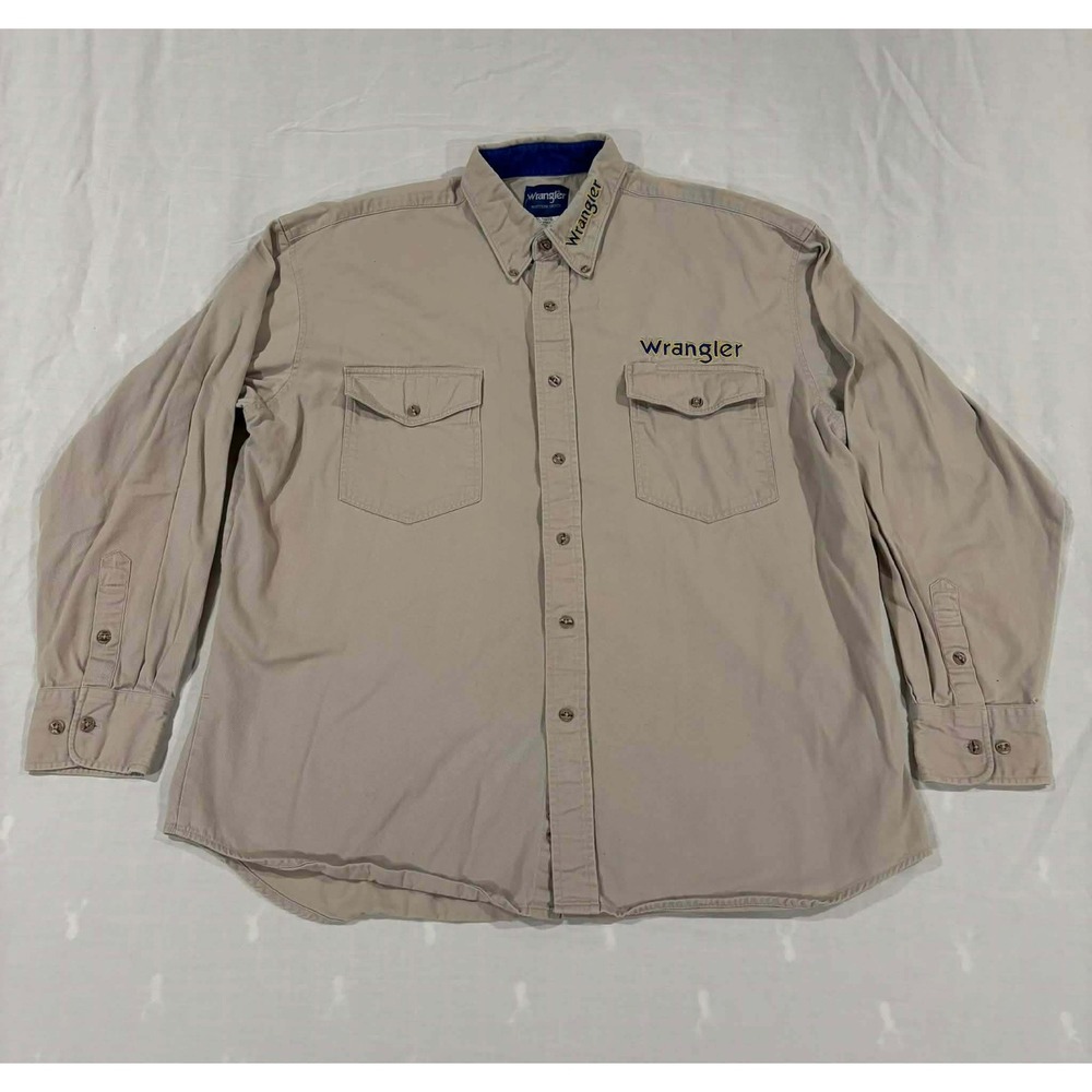 Wrangler Western Shirt Mens XL Tan Button Down Long Sleeve Cotton Embroidered
